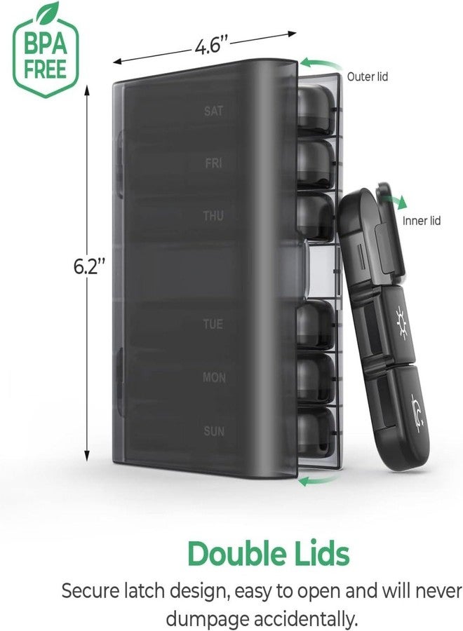 SHOPECOM Travel Friendly Rotating Pill Organizer Weekly 7 Day 3 Times Daily Use Dispenser With 7 Compartments for Piles Medicine Tablet with Easy Push Button and Spinning Design for Convenient Black - Image 5